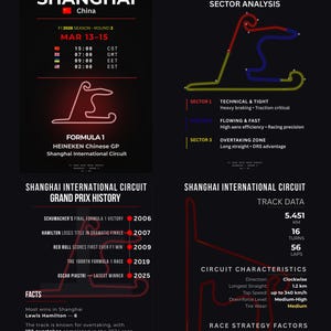 May include: Formula 1 Chinese Grand Prix poster pack featuring the Shanghai International Circuit. Includes track data, sector analysis, and race history. The posters highlight key race facts and circuit characteristics.