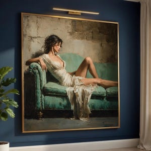 Elegant Woman Reclining on Vintage Sofa, Classic Portrait Canvas, Glamour Home Decor, Figurative Art Canvas, Wall Hanging Design