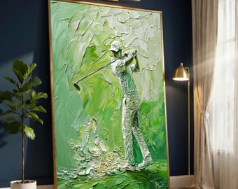 Abstract Golf Swing Canvas Wall Art, Impasto Sports Painting, Green Athletic Decor, Digital Print Golf Artwork, Modern Home Decoration