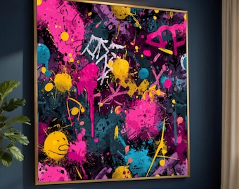Vibrant Abstract Graffiti Canvas, Colorful Paint Splatter Wall Art, Urban Street Art Design, Bold Contemporary Canvas Decoration
