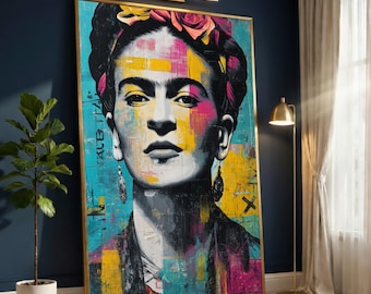 Colorful Frida Kahlo Portrait Canvas, Modern Pop Art Wall Decor, Vibrant Digital Print, Feminine Home Decoration, Ready to Hang Canvas Art