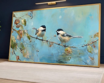 Charming Chickadees on Branch Canvas, Bird Nature Wall Art, Rustic Woodland Scene, Blue Sky Background, Home Decor Painting