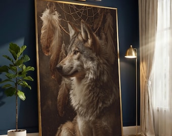 Majestic Wolf Portrait Canvas, Dreamcatcher Feather Wall Art, Rustic Animal Decor, Nature Wildlife Canvas, Earth Tone Home Decoration