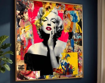 Retro Glamour Pop Art Canvas, Marilyn Monroe Wall Art, Vintage Hollywood Portrait, Colorful Collage Canvas, Modern Home Decoration