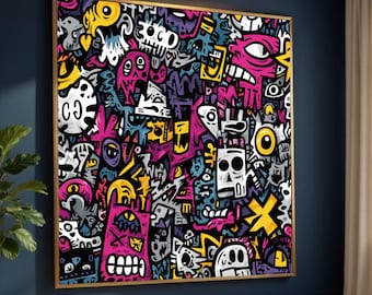Vibrant Urban Graffiti Canvas, Colorful Street Art Design, Abstract Pop Culture Wall Art, Modern Cartoon Canvas Print, Home Decor Digital
