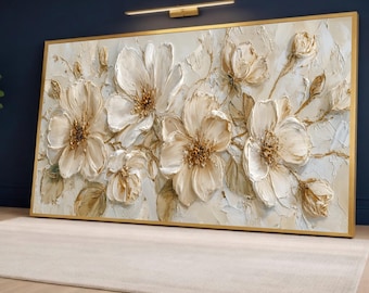Elegant Neutral Floral Canvas Wall Art, Flower Painting Print, Beige Botanical Home Decor, Digital Print Canvas, Ready to Hang