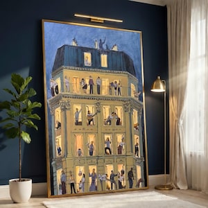 Canvastavla med kvällsmotiv på taket, väggkonst med stadslägenhetsscen, illustration av urbant liv, canvas med social interaktion, konsttryck för heminredning