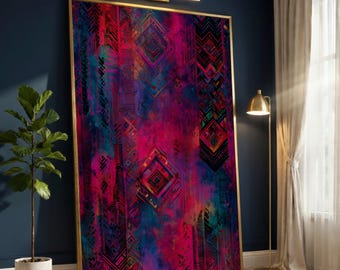 Vibrant Geometric Abstract Canvas Art, Digital Print Wall Decor, Modern Tribal Pattern Canvas, Bold Colorful Home Decoration
