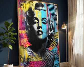 Vintage Glamour Pop Art Canvas, Marilyn Monroe Wall Art, Colorful Digital Print, Retro Celebrity Portrait, Modern Home Decoration