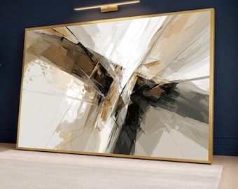Modern Abstract Geometric Canvas Wall Art, Neutral Tones Digital Print, Contemporary Home Decor, Beige and Black Abstract Canvas