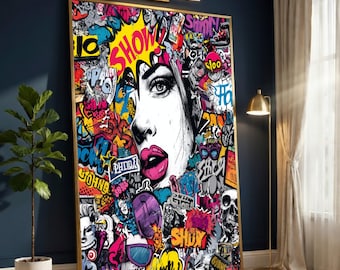 Urban Pop Art Canvas, Graffiti Face Wall Art, Colorful Street Art Print, Bold Graphic Canvas, Modern Home Decor, Digital Print