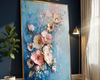 Elegant Pink Floral Bouquet Canvas, Flower Wall Art, Modern Digital Print, Pastel Blue Background, Home Decoration Canvas Art