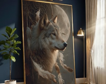 Majestic Wolf and Dreamcatcher Canvas, Full Moon Night Animal Wall Art, Rustic Nature Decor, Wildlife Canvas Print, Forest Spirit Home