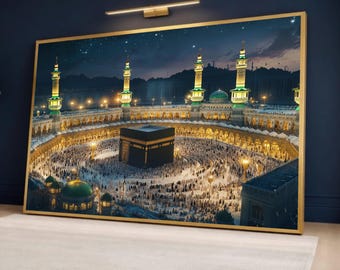 Illuminated Kaaba at Night Canvas Wall Art, Mecca Mosque Islamic Decor, Spiritual Pilgrimage Scene Canvas, Sacred Religious Home Decoration