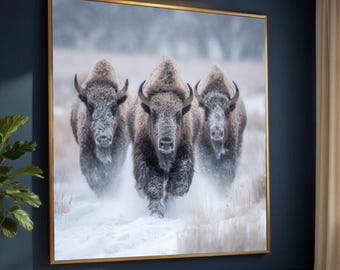 Majestic Bison Herd Running Snow, Winter Wildlife Canvas, Nature Animal Wall Art, Rustic Home Decoration Canvas