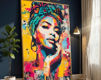 Vibrant Abstract Woman Portrait Canvas, Colorful Urban Art Print, Digital Wall Art, Modern Mixed Media Canvas, Ready to Hang Home Decor