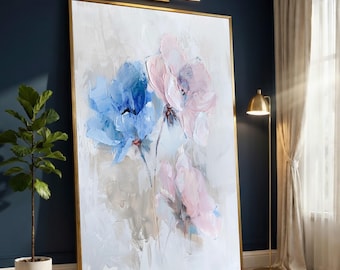 Soft Pastel Floral Canvas, Blue and Pink Abstract Flowers, Modern Wall Art Print, Digital Painting Home Decor, Ready to Hang Canvas