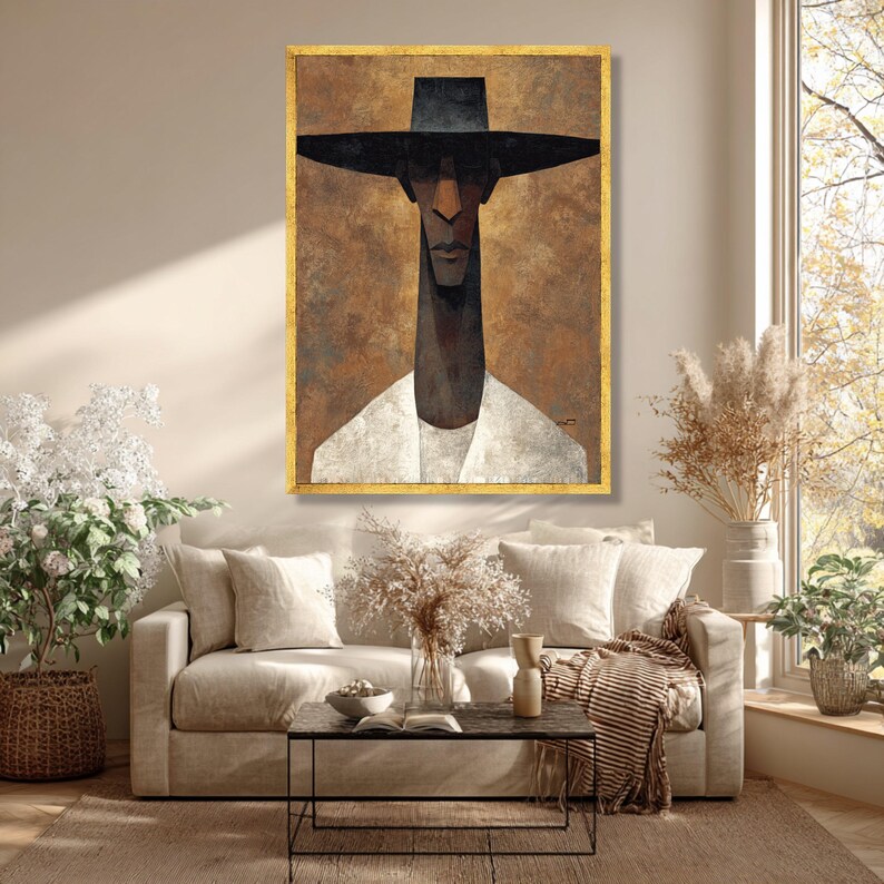 Modern Abstract Man Portrait Canvas, Ethnic Wall Art, Contemporary Figure Canvas, Brown and Black Home Décor, Ready to Hang Artwork image 2