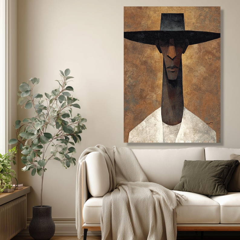 Modern Abstract Man Portrait Canvas, Ethnic Wall Art, Contemporary Figure Canvas, Brown and Black Home Décor, Ready to Hang Artwork image 7