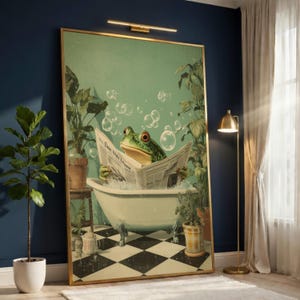 Relaxing Frog Bathtub Canvas, Quirky Animal Wall Art, Bubble Bath Scene, Humorous Home Decor, Nature and Interior Canvas Art