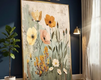 Vintage Wildflowers Canvas Wall Art, Botanical Floral Print, Home Decor, Soft Pastel Flower Illustration, Digital Print Canvas