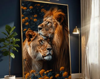 Majestic Lion Couple Canvas Wall Art, Digital Print Wildlife Decor, Lion Portrait Nature Canvas, Animal Wall Hanging, Safari Home Decoration