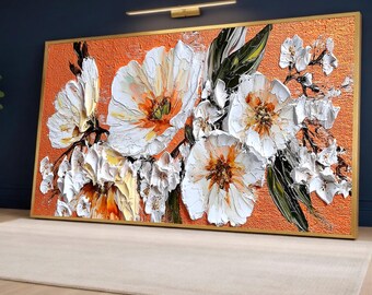 White and Orange Floral Canvas Wall Art, Modern Flower Painting on Orange Background, Digital Print Decorative Canvas, Home Wall Decor