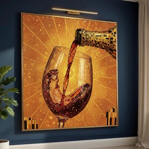 May include: A framed artwork shows a wine bottle pouring red wine into a glass. The background is a golden hue with spiral and sunburst designs. The bottle and glass feature gold and black detailing.