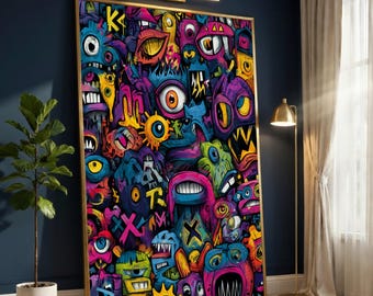 Vibrant Abstract Graffiti Canvas Wall Art, Colorful Urban Street Art Print, Modern Digital Art Decor, Bold Pop Art Canvas, Ready to Hang