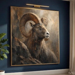 May include: A square wall art print featuring a detailed oil painting of a bighorn sheep with large, curved, textured brown horns. The animal is depicted in profile against a moody, abstract background of dark brown, grey, and gold tones.