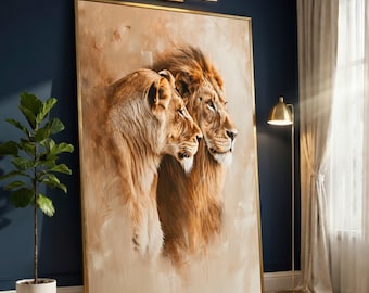 Majestic Lion and Lioness Canvas Wall Art, Wildlife Animal Portrait, Digital Print Home Décor, Safari Nature Canvas Painting, Ready to Hang