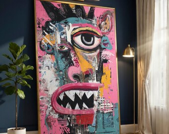 Abstract Expressionist Face Canvas, Colorful Modern Art, Bold Urban Wall Art, Pink Blue Yellow Artwork, Digital Print Canvas Decor