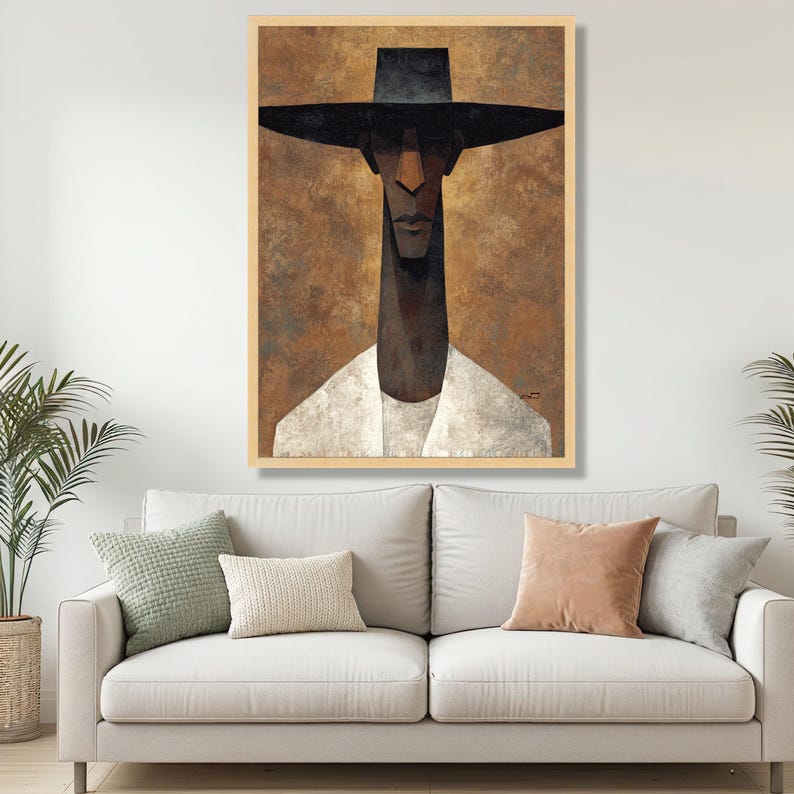 Modern Abstract Man Portrait Canvas, Ethnic Wall Art, Contemporary Figure Canvas, Brown and Black Home Décor, Ready to Hang Artwork image 6