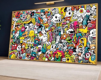 Colorful Cartoon Doodle Canvas Wall Art, Abstract Street Art Print, Vibrant Pop Culture Digital Canvas, Fun Urban Home Decoration