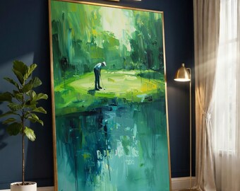 Abstract Golf Scene Canvas Wall Art, Green Landscape Painting, Digital Print Sports Decor, Modern Athletic Wall Art, Ready to Hang Canvas