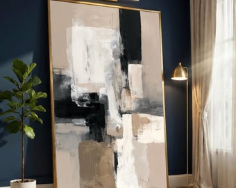 Neutral Tone Abstract Canvas Wall Art, Modern Geometric Design, Beige and Black Contemporary Painting, Digital Print Canvas, Home Decor