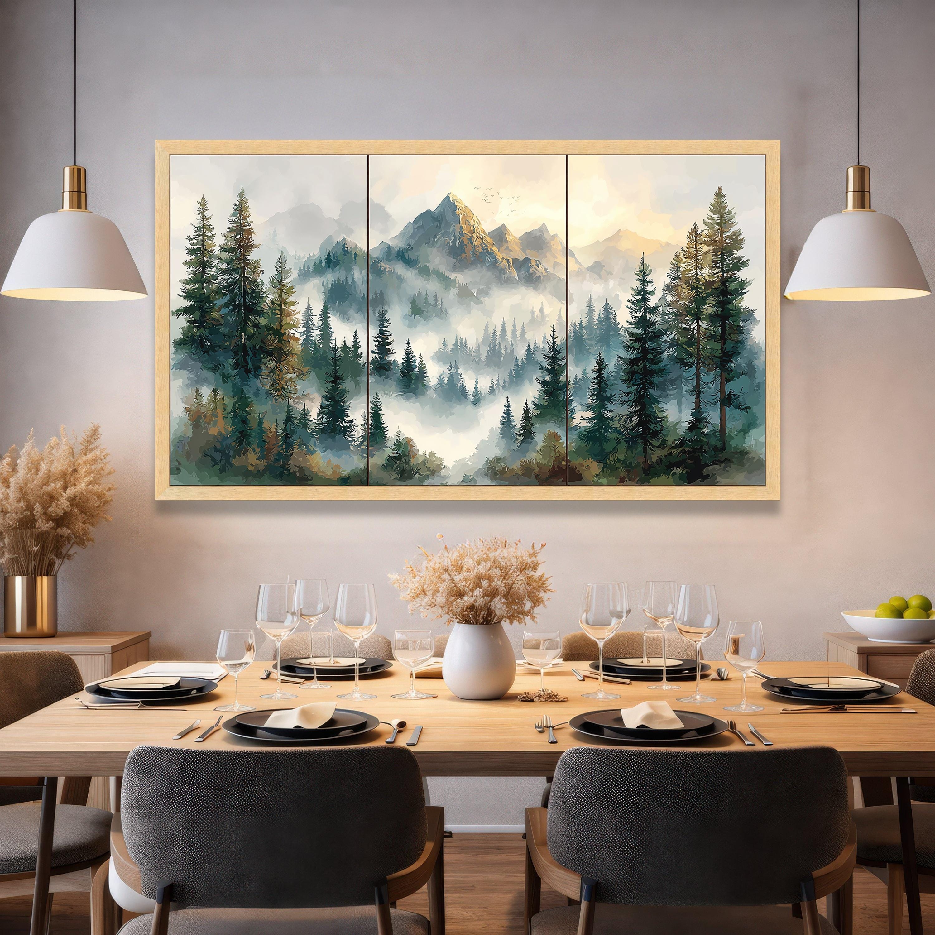 Misty Mountain Forest Triptych Canvas, Nature Landscape Wall Art, Pine ...