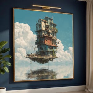 Floating Vintage House Canvas Wall Art, Surreal Architectural Decor, Sky and Clouds Digital Print, Dreamy Home Interior Painting, Modern