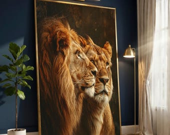 Majestic Lion and Lioness Portrait Canvas, Wildlife Animal Wall Art, Safari Decor, Digital Print Canvas, Nature Home Decoration