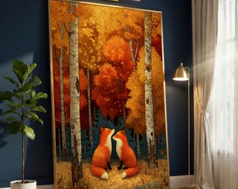 Autumn Forest Foxes Canvas Wall Art, Whimsical Woodland Scene, Fall Tree Landscape, Nature Animal Painting, Cozy Home Decoration