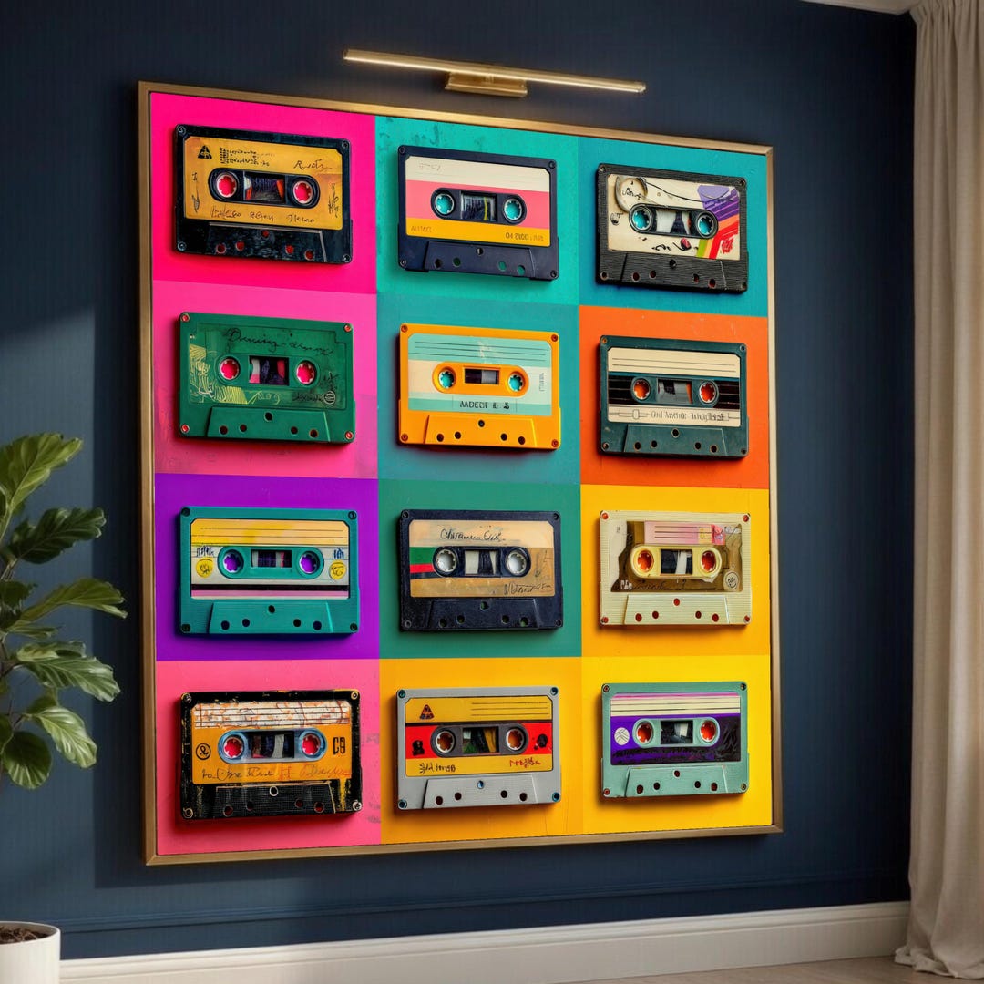 Vintage Cassette Tape Collage, Colorful Music Canvas Art, Retro Audio ...