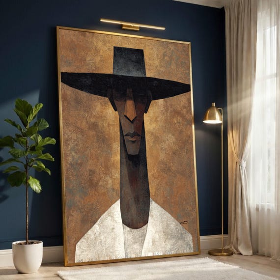 Modern Abstract Man Portrait Canvas, Ethnic Wall Art, Contemporary Figure Canvas, Brown and Black Home Décor, Ready to Hang Artwork