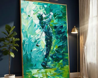 Abstract Golf Swing Canvas Wall Art, Modern Sports Painting, Digital Print, Athletic Home Decor, Green Blue Brushstroke Artwork