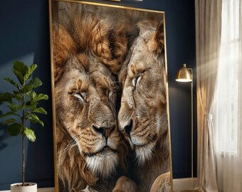 Tender Lion Couple, Wildlife Canvas Art, Animal Love Wall Decor, Digital Print Canvas, Safari Animal Portrait, Ready to Hang
