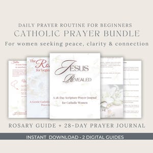Könnte beinhalten: Ein digitales katholisches Gebetspaket mit dem Text "Daily Prayer Routine for Beginners" und "Catholic Prayer Bundle". Das Paket enthält einen Rosenkranzführer und ein 28-Tage-Gebetstagebuch. Der Text "Jesus Revealed" steht auf dem Tagebuchdeckel.