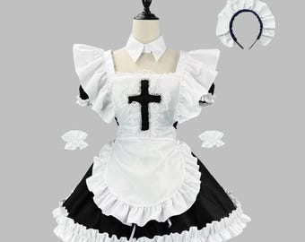 Lolita Satin Cross-Detail Maid Outfit (Available in Black, White, or Blue) – Anime-Style Cosplay Costume – Customizable