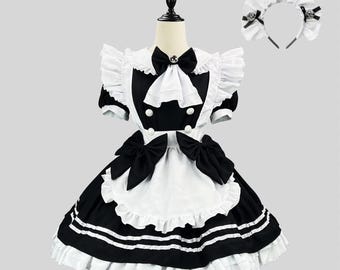 Black and white satin Lolita maid outfit / bow-adorned server cosplay costume – customizable.