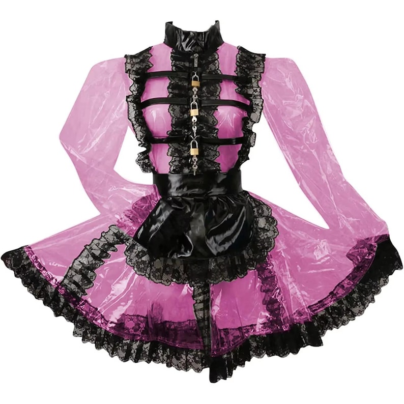 Abschließbares Dienstmädchen-Outfit, langes PVC-Puffärmelkleid. Personalisierbar. Pink