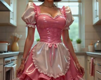 ピンクのPVCメイド服、コスプレパーティー衣装、カスタマイズ可能。