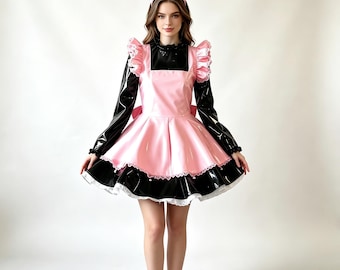 PVC Glossy Pink Black Cat Ear Maid Dress Long Sleeve Ruffle Lace Lolita Cosplay Costume For Party Halloween